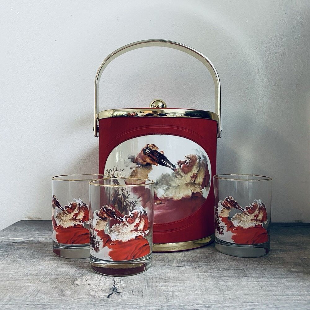 Vintage 1993 Coca Cola Red Felt Ice Bucket W/ Three 14 Ounce Glasses